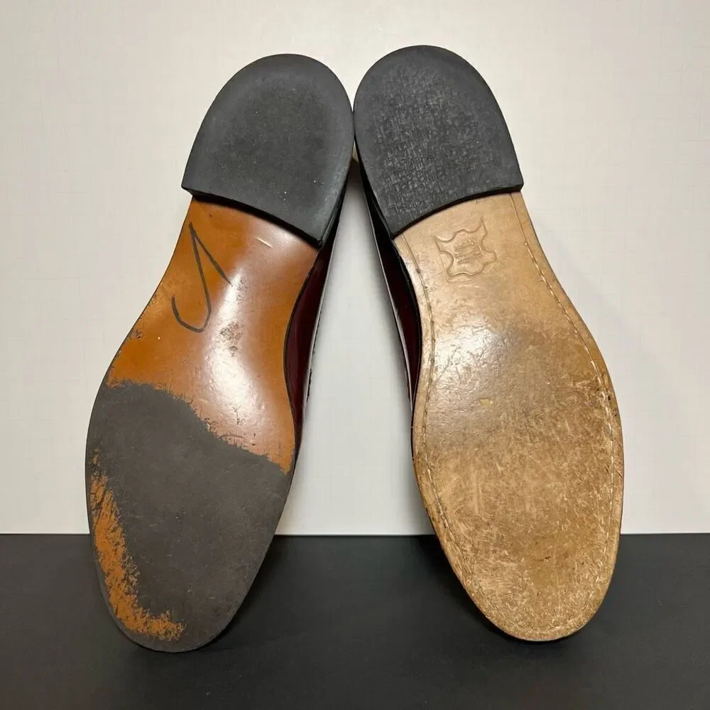 Mens HANDSEWN Cognac Brown Leather Slip On Moccasin Loafers / Size 9.5 Medium